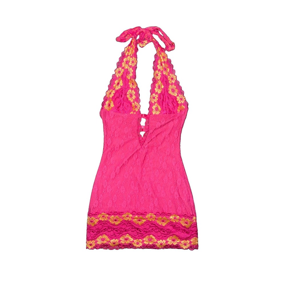 Outcast India Minidress Pink Orange Floral Lace Tie Neck Adjust Straps Size Med